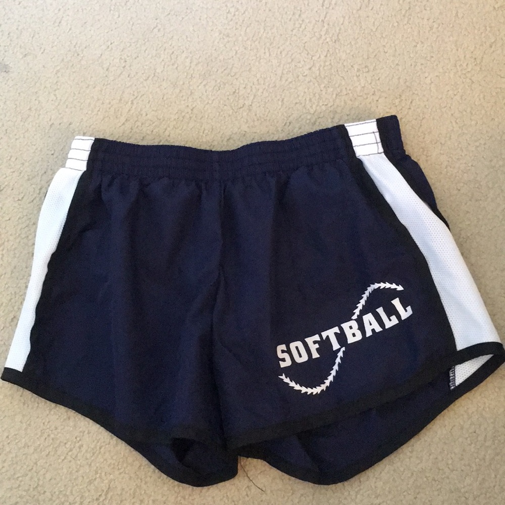 Navy Blue athletic shorts with softball logo